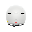 Rear view of a white 2027 POC Obex Visor Ski Helmet featuring an in-mold ABS/EPS shell, integrated frameless Clarity visor lens, adjustable sliding ventilation vents, and a 360° fit system dial.