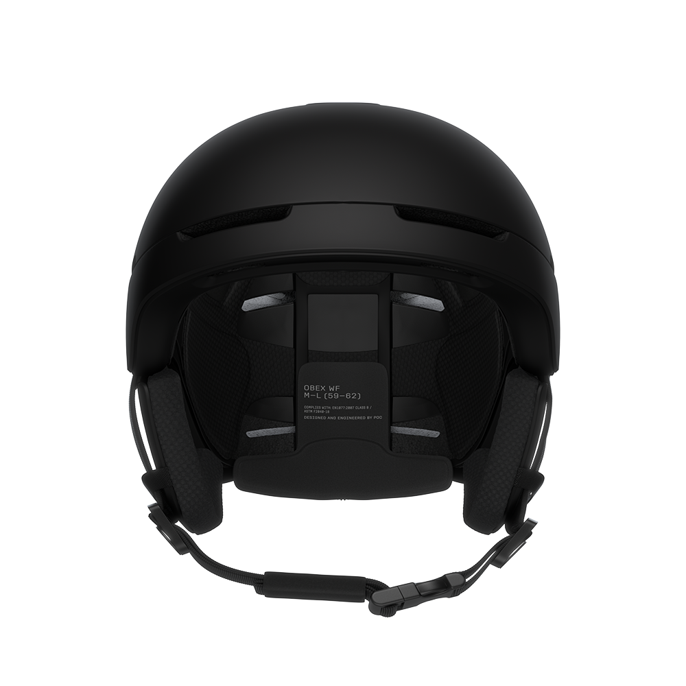 Front view of a black POC Obex MIPS WF Ski Helmet featuring a wide-fit rounder shell profile, hybrid PC/ABS construction, sliding top ventilation vents, and a 360° fit adjustment dial.