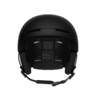 Front view of a black POC Obex MIPS WF Ski Helmet featuring a wide-fit rounder shell profile, hybrid PC/ABS construction, sliding top ventilation vents, and a 360° fit adjustment dial.