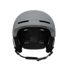 Front view of a grey POC Obex MIPS WF Ski Helmet featuring a wide-fit rounder shell profile, hybrid PC/ABS construction, sliding top ventilation vents, and a 360° fit adjustment dial.