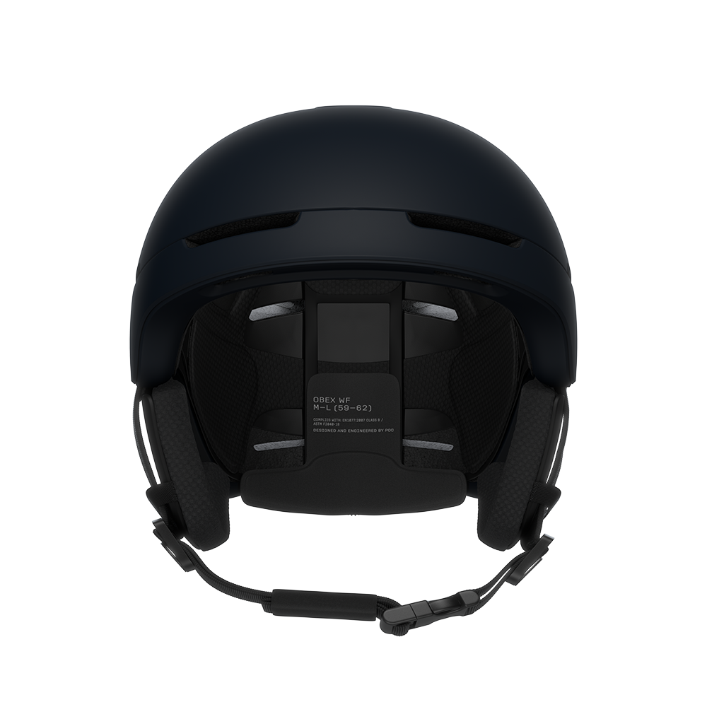 Front view of a navy POC Obex MIPS WF Ski Helmet featuring a wide-fit rounder shell profile, hybrid PC/ABS construction, sliding top ventilation vents, and a 360° fit adjustment dial.