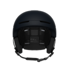 Front view of a navy POC Obex MIPS WF Ski Helmet featuring a wide-fit rounder shell profile, hybrid PC/ABS construction, sliding top ventilation vents, and a 360° fit adjustment dial.