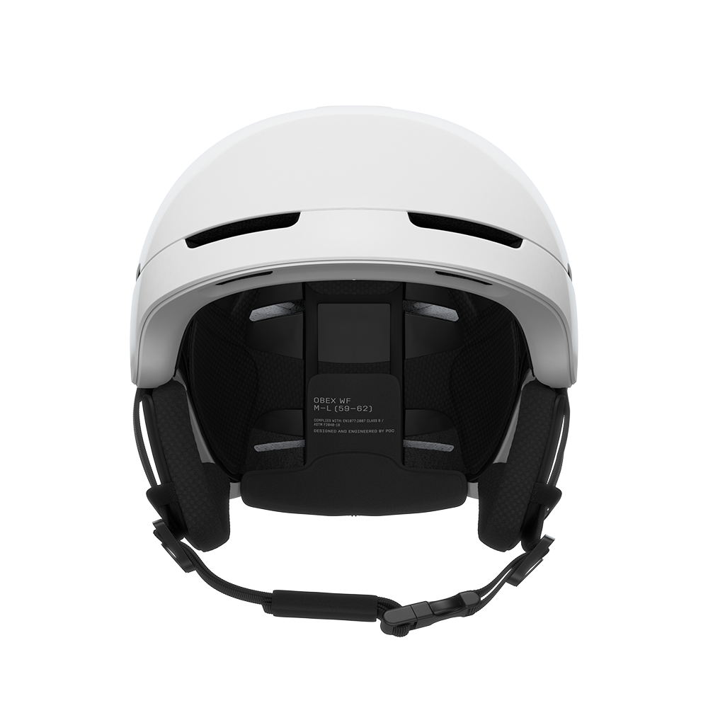Front view of a white POC Obex MIPS WF Ski Helmet featuring a wide-fit rounder shell profile, hybrid PC/ABS construction, sliding top ventilation vents, and a 360° fit adjustment dial.