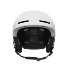 Front view of a white POC Obex MIPS WF Ski Helmet featuring a wide-fit rounder shell profile, hybrid PC/ABS construction, sliding top ventilation vents, and a 360° fit adjustment dial.