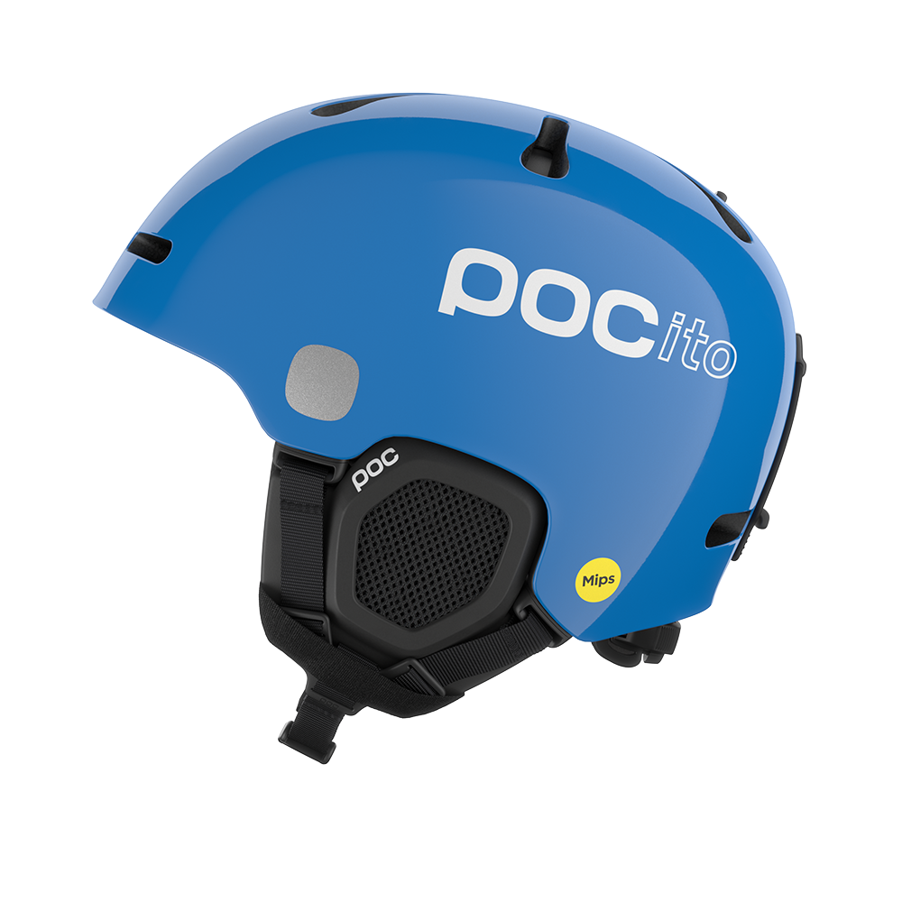 Side view of a blue POC POCito Fornix MIPS Jr Ski Helmet featuring a high-visibility fluorescent shell with reflective patches, adjustable crown ventilation, integrated aramid bridge panels, and a 360° fit adjustment dial.