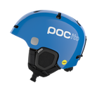 Side view of a blue POC POCito Fornix MIPS Jr Ski Helmet featuring a high-visibility fluorescent shell with reflective patches, adjustable crown ventilation, integrated aramid bridge panels, and a 360° fit adjustment dial.