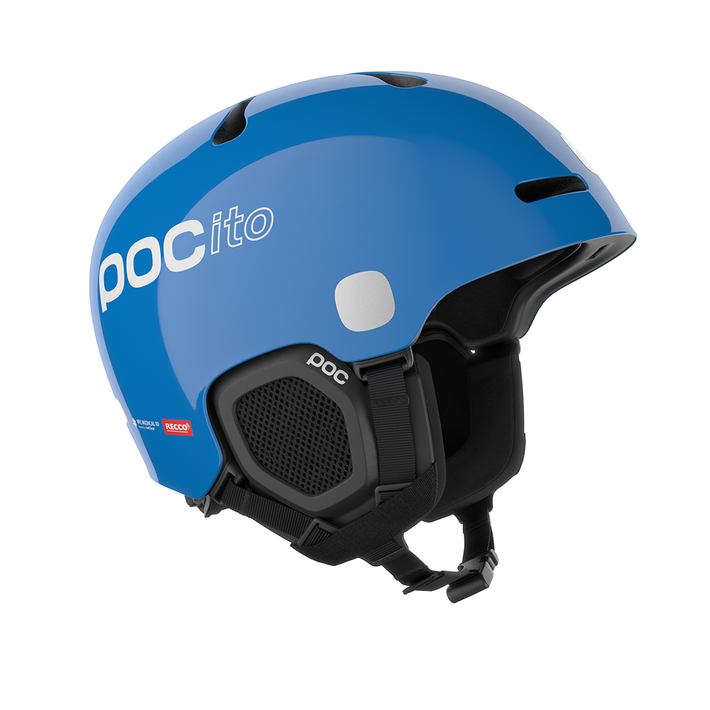 Side view of a blue POC POCito Fornix MIPS Jr Ski Helmet featuring a high-visibility fluorescent shell with reflective patches, adjustable crown ventilation, integrated aramid bridge panels, and a 360° fit adjustment dial.