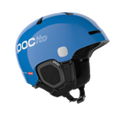 Side view of a blue POC POCito Fornix MIPS Jr Ski Helmet featuring a high-visibility fluorescent shell with reflective patches, adjustable crown ventilation, integrated aramid bridge panels, and a 360° fit adjustment dial.
