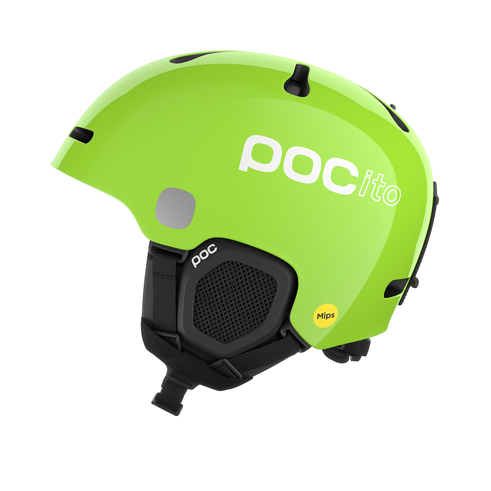 Side view of a green POC POCito Fornix MIPS Jr Ski Helmet featuring a high-visibility fluorescent shell with reflective patches, adjustable crown ventilation, integrated aramid bridge panels, and a 360° fit adjustment dial.