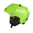 Side view of a green POC POCito Fornix MIPS Jr Ski Helmet featuring a high-visibility fluorescent shell with reflective patches, adjustable crown ventilation, integrated aramid bridge panels, and a 360° fit adjustment dial.
