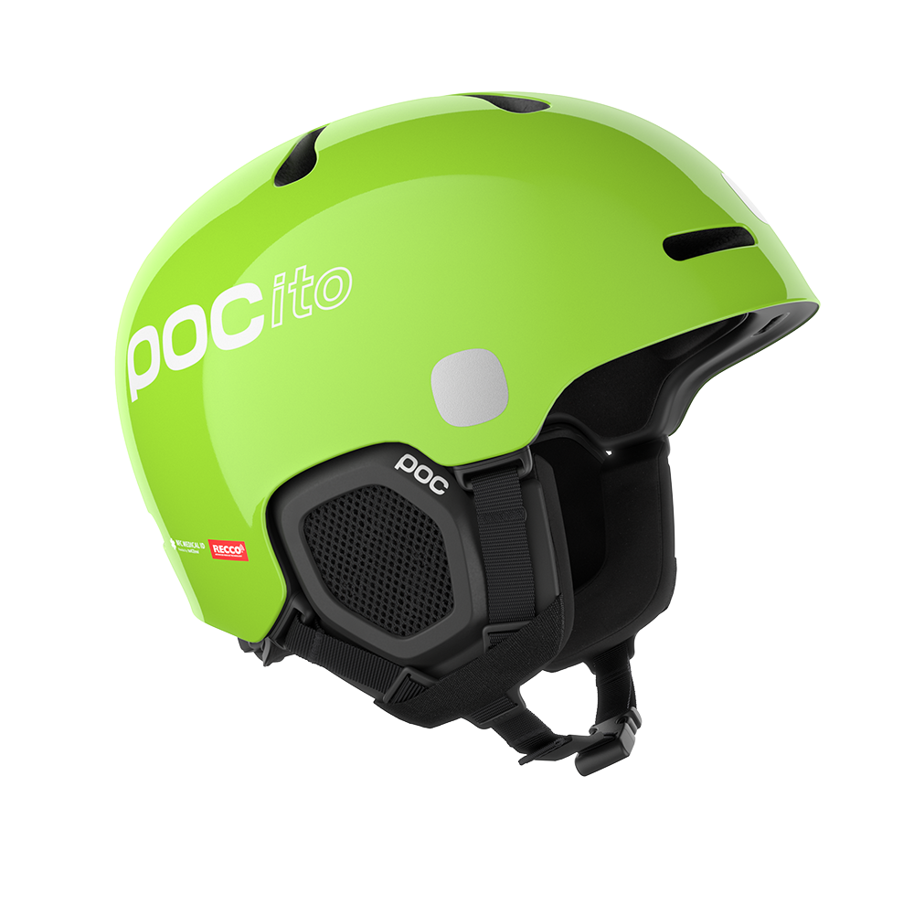 Side view of a green POC POCito Fornix MIPS Jr Ski Helmet featuring a high-visibility fluorescent shell with reflective patches, adjustable crown ventilation, integrated aramid bridge panels, and a 360° fit adjustment dial.