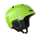 Side view of a green POC POCito Fornix MIPS Jr Ski Helmet featuring a high-visibility fluorescent shell with reflective patches, adjustable crown ventilation, integrated aramid bridge panels, and a 360° fit adjustment dial.