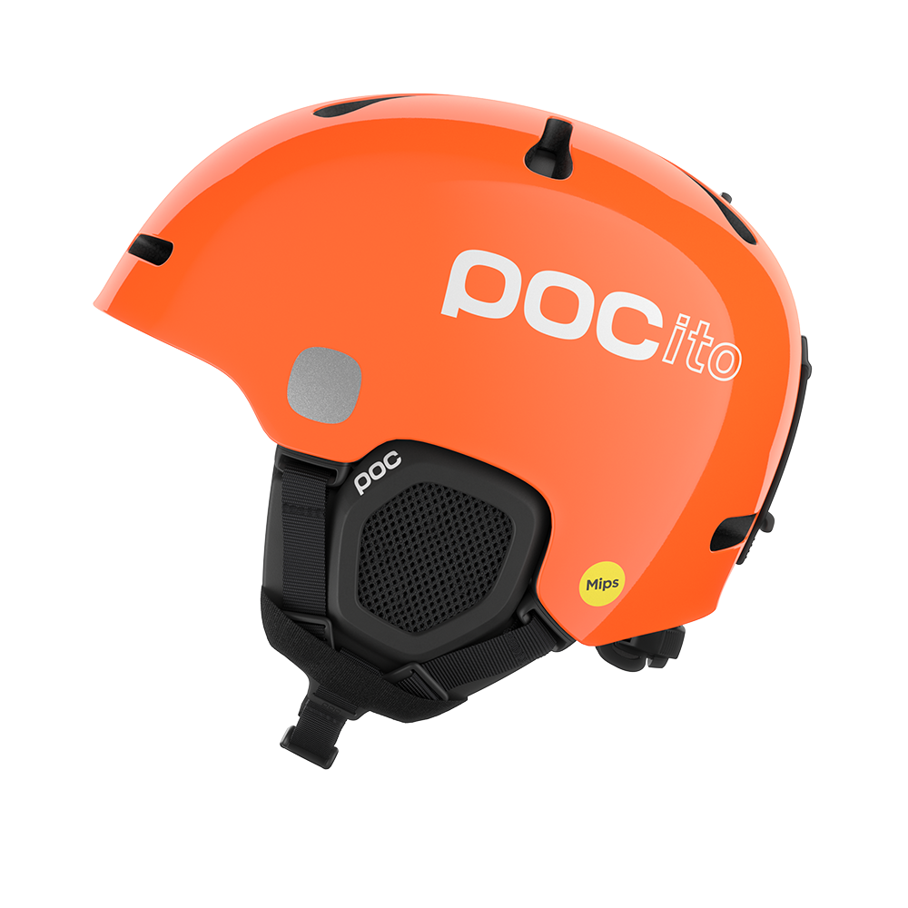 Side view of an orange POC POCito Fornix MIPS Jr Ski Helmet featuring a high-visibility fluorescent shell with reflective patches, adjustable crown ventilation, integrated aramid bridge panels, and a 360° fit adjustment dial.
