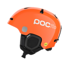 Side view of an orange POC POCito Fornix MIPS Jr Ski Helmet featuring a high-visibility fluorescent shell with reflective patches, adjustable crown ventilation, integrated aramid bridge panels, and a 360° fit adjustment dial.