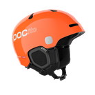 Side view of an orange POC POCito Fornix MIPS Jr Ski Helmet featuring a high-visibility fluorescent shell with reflective patches, adjustable crown ventilation, integrated aramid bridge panels, and a 360° fit adjustment dial.