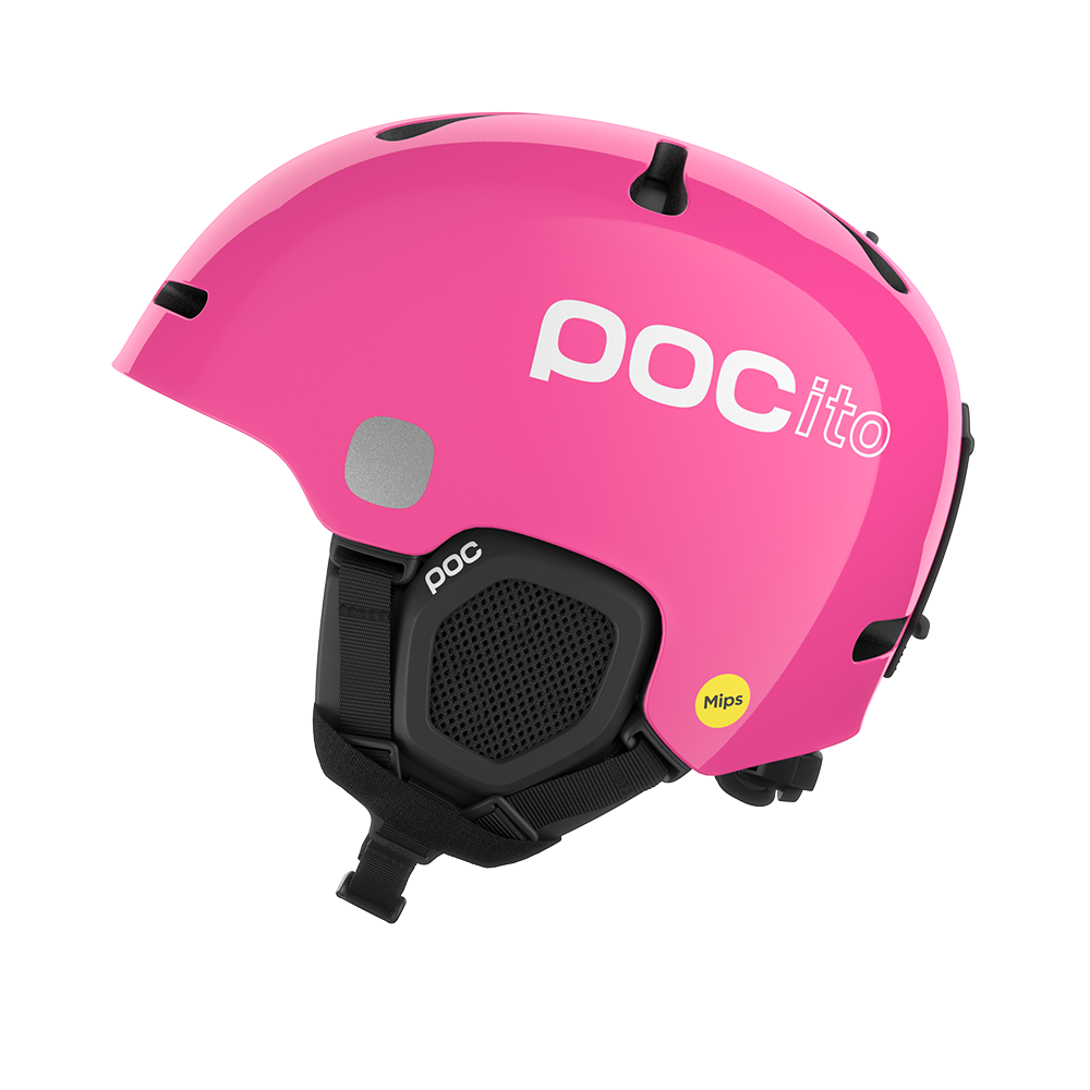 Side view of a pink POC POCito Fornix MIPS Jr Ski Helmet featuring a high-visibility fluorescent shell with reflective patches, adjustable crown ventilation, integrated aramid bridge panels, and a 360° fit adjustment dial.