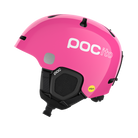 Side view of a pink POC POCito Fornix MIPS Jr Ski Helmet featuring a high-visibility fluorescent shell with reflective patches, adjustable crown ventilation, integrated aramid bridge panels, and a 360° fit adjustment dial.