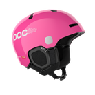 Side view of a pink POC POCito Fornix MIPS Jr Ski Helmet featuring a high-visibility fluorescent shell with reflective patches, adjustable crown ventilation, integrated aramid bridge panels, and a 360° fit adjustment dial.