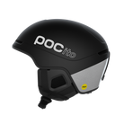 Side view of a black POC POCito Obex MIPS Ski Helmet 2027 featuring a fluorescent high-visibility shell, reflective safety details, MIPS rotational protection, front goggle evacuation chimneys, and a 360° fit adjustment dial.