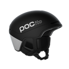 Side view of a black POC POCito Obex MIPS Ski Helmet 2027 featuring a fluorescent high-visibility shell, reflective safety details, MIPS rotational protection, front goggle evacuation chimneys, and a 360° fit adjustment dial.