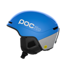 Side view of a fluorescent blue POC POCito Obex MIPS Ski Helmet 2027 featuring a fluorescent high-visibility shell, reflective safety details, MIPS rotational protection, front goggle evacuation chimneys, and a 360° fit adjustment dial.