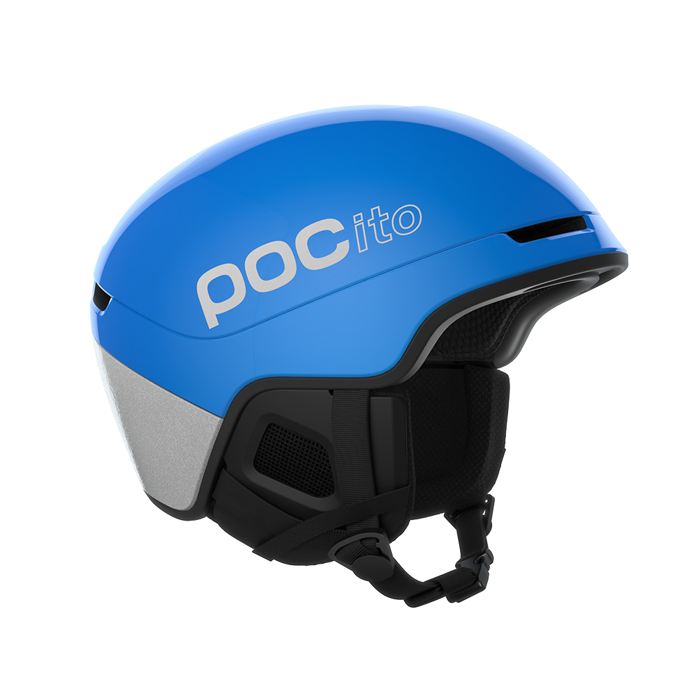 Side view of a fluorescent blue POC POCito Obex MIPS Ski Helmet 2027 featuring a fluorescent high-visibility shell, reflective safety details, MIPS rotational protection, front goggle evacuation chimneys, and a 360° fit adjustment dial.