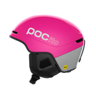 Side view of a fluorescent pink POC POCito Obex MIPS Ski Helmet 2027 featuring a fluorescent high-visibility shell, reflective safety details, MIPS rotational protection, front goggle evacuation chimneys, and a 360° fit adjustment dial.