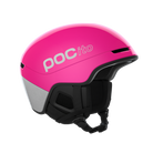 Side view of a fluorescent pink POC POCito Obex MIPS Ski Helmet 2027 featuring a fluorescent high-visibility shell, reflective safety details, MIPS rotational protection, front goggle evacuation chimneys, and a 360° fit adjustment dial.