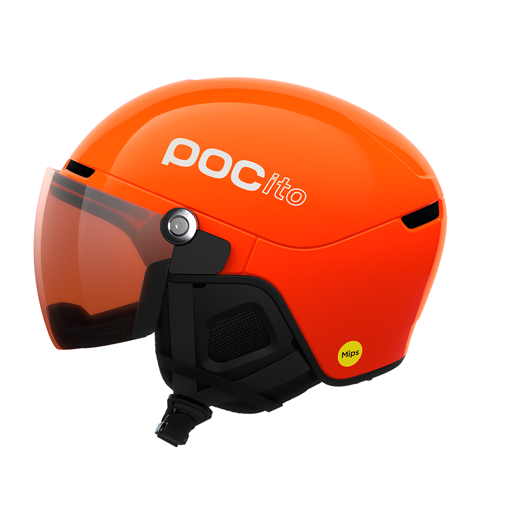 Side view of an orange POC POCito Obex Visor Ski Helmet featuring a high-visibility fluorescent shell, integrated frameless Clarity visor lens, front ventilation chimneys, and a 360° fit adjustment dial.