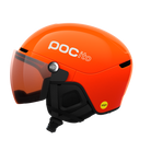 Side view of an orange POC POCito Obex Visor Ski Helmet featuring a high-visibility fluorescent shell, integrated frameless Clarity visor lens, front ventilation chimneys, and a 360° fit adjustment dial.