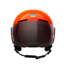 Front view of an orange POC POCito Obex Visor Ski Helmet featuring a high-visibility fluorescent shell, integrated frameless Clarity visor lens, front ventilation chimneys, and a 360° fit adjustment dial.