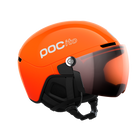 Side view of an orange POC POCito Obex Visor Ski Helmet featuring a high-visibility fluorescent shell, integrated frameless Clarity visor lens, front ventilation chimneys, and a 360° fit adjustment dial.
