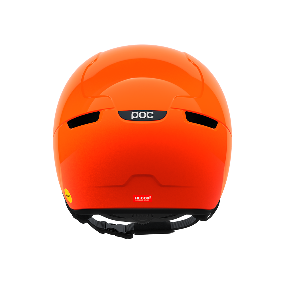 Rear view of an orange POC POCito Obex Visor Ski Helmet featuring a high-visibility fluorescent shell, integrated frameless Clarity visor lens, front ventilation chimneys, and a 360° fit adjustment dial.