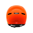 Rear view of an orange POC POCito Obex Visor Ski Helmet featuring a high-visibility fluorescent shell, integrated frameless Clarity visor lens, front ventilation chimneys, and a 360° fit adjustment dial.