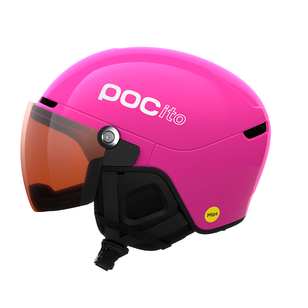 Side view of a pink POC POCito Obex Visor Ski Helmet featuring a high-visibility fluorescent shell, integrated frameless Clarity visor lens, front ventilation chimneys, and a 360° fit adjustment dial.