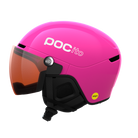 Side view of a pink POC POCito Obex Visor Ski Helmet featuring a high-visibility fluorescent shell, integrated frameless Clarity visor lens, front ventilation chimneys, and a 360° fit adjustment dial.