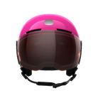 Front view of a pink POC POCito Obex Visor Ski Helmet featuring a high-visibility fluorescent shell, integrated frameless Clarity visor lens, front ventilation chimneys, and a 360° fit adjustment dial.