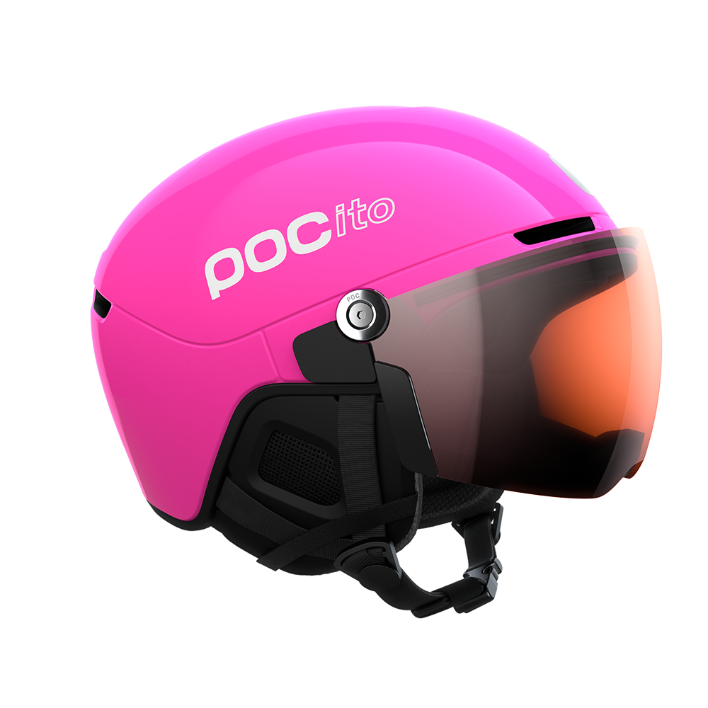 Side view of a pink POC POCito Obex Visor Ski Helmet featuring a high-visibility fluorescent shell, integrated frameless Clarity visor lens, front ventilation chimneys, and a 360° fit adjustment dial.
