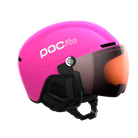 Side view of a pink POC POCito Obex Visor Ski Helmet featuring a high-visibility fluorescent shell, integrated frameless Clarity visor lens, front ventilation chimneys, and a 360° fit adjustment dial.