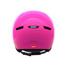 Rear view of a pink POC POCito Obex Visor Ski Helmet featuring a high-visibility fluorescent shell, integrated frameless Clarity visor lens, front ventilation chimneys, and a 360° fit adjustment dial.
