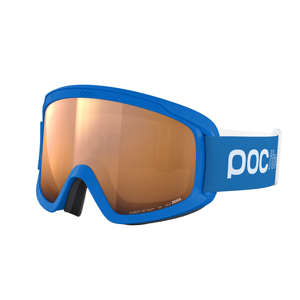 Front view of a pair of blue POC POCito Opsin Jr Goggles featuring a flexible fluorescent polyurethane frame, non-mirror cylindrical double lens, triple-layer face foam, and a reflective helmet strap with internal silicone grip.