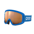 Front view of a pair of blue POC POCito Opsin Jr Goggles featuring a flexible fluorescent polyurethane frame, non-mirror cylindrical double lens, triple-layer face foam, and a reflective helmet strap with internal silicone grip.
