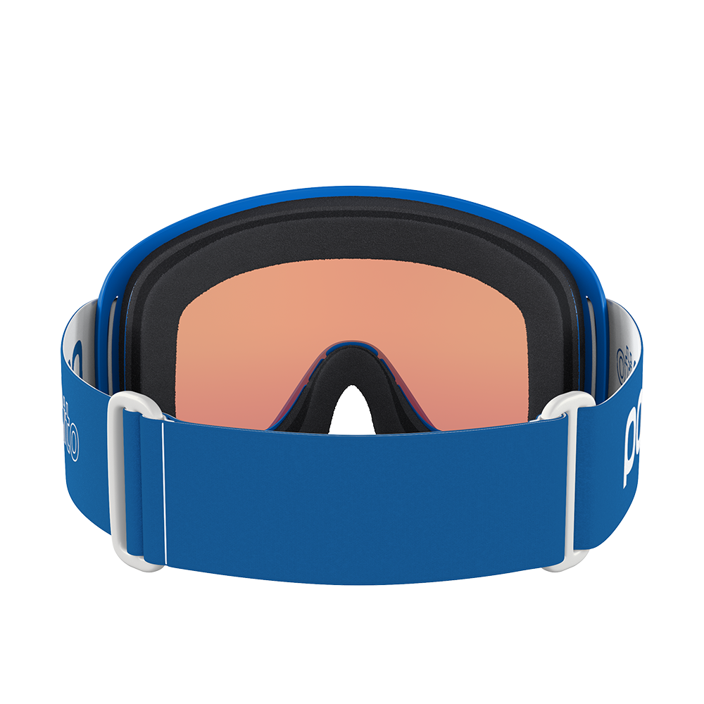 Rear view of a pair of blue POC POCito Opsin Jr Goggles featuring a flexible fluorescent polyurethane frame, non-mirror cylindrical double lens, triple-layer face foam, and a reflective helmet strap with internal silicone grip.