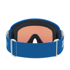 Rear view of a pair of blue POC POCito Opsin Jr Goggles featuring a flexible fluorescent polyurethane frame, non-mirror cylindrical double lens, triple-layer face foam, and a reflective helmet strap with internal silicone grip.