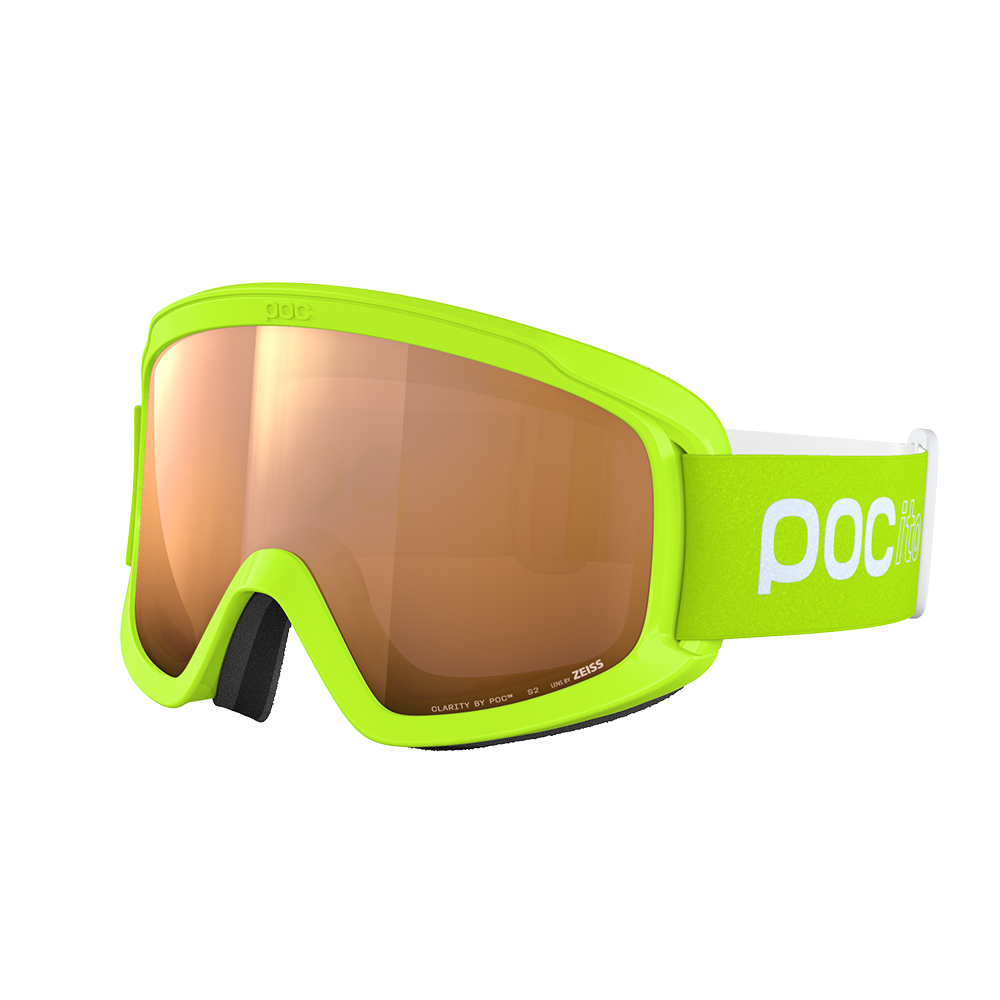 Front view of a pair of green POC POCito Opsin Jr Goggles featuring a flexible fluorescent polyurethane frame, non-mirror cylindrical double lens, triple-layer face foam, and a reflective helmet strap with internal silicone grip.