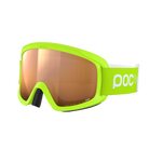 Front view of a pair of green POC POCito Opsin Jr Goggles featuring a flexible fluorescent polyurethane frame, non-mirror cylindrical double lens, triple-layer face foam, and a reflective helmet strap with internal silicone grip.