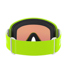 Rear view of a pair of green POC POCito Opsin Jr Goggles featuring a flexible fluorescent polyurethane frame, non-mirror cylindrical double lens, triple-layer face foam, and a reflective helmet strap with internal silicone grip.