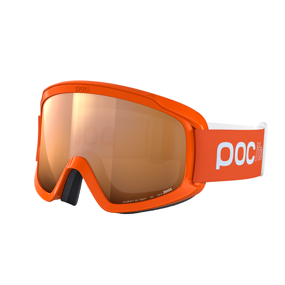 Front view of a pair of orange POC POCito Opsin Jr Goggles featuring a flexible fluorescent polyurethane frame, non-mirror cylindrical double lens, triple-layer face foam, and a reflective helmet strap with internal silicone grip.