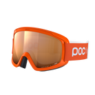 Front view of a pair of orange POC POCito Opsin Jr Goggles featuring a flexible fluorescent polyurethane frame, non-mirror cylindrical double lens, triple-layer face foam, and a reflective helmet strap with internal silicone grip.