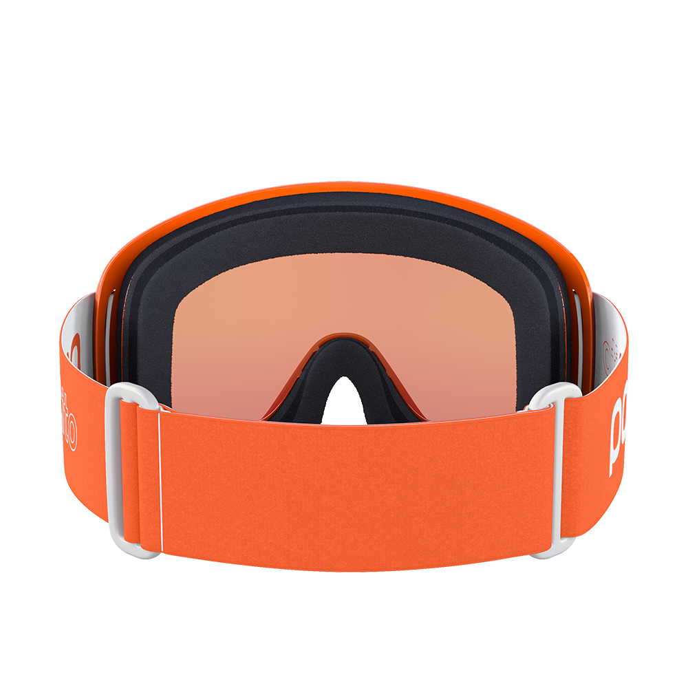 Rear view of a pair of orange POC POCito Opsin Jr Goggles featuring a flexible fluorescent polyurethane frame, non-mirror cylindrical double lens, triple-layer face foam, and a reflective helmet strap with internal silicone grip.